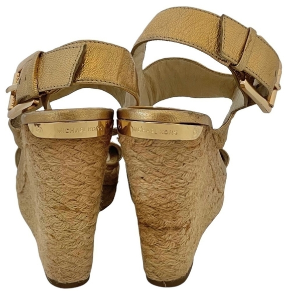 MICHAEL KORS Gold Posey Wedge Sandals Espadrille Platform Leather Pale Sandals - Picture 9 of 11